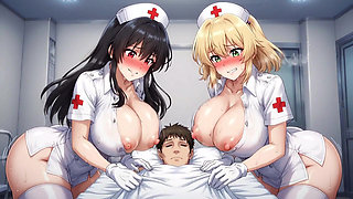 Two cute nurses with big breasts cum in the ward