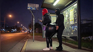 Big Ass Latina in Tight Leather Pants at Bus Stop Strips to Black Leather Thong