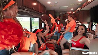 Crazy College GFs: Horny Cheerleaders Traveling Fan Fuck Fest with Brunette Emerald Loves - Threesome Orgy