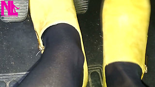 Soft Revving in Yellow Boots and Black Pantyhose