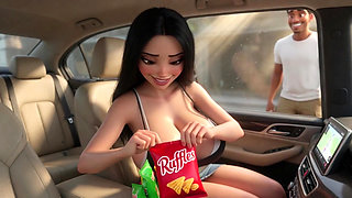 Sexy Brunette Teases Snack Vendor in Car with Big Tits and Tan Lines - Hot Exhibitionist Part 1 (AI generated)