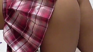 Micro Mini Skirt, Short Student Uniform, Thong G-string Panties, Busty Tanned Japanese Girl's Sexy Exercise to Tone up Body