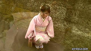 Spoiled slutty Japanese wife Keiko Shinohara pulls kimono to masturbate pussy