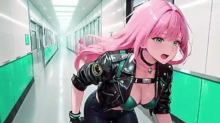Rosy-Haired Leather Tech! Intimate vibrates in a neon-lit cyber corridor.