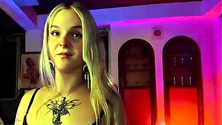 Blonde Housewife with big boobs masturbates with huge dildo