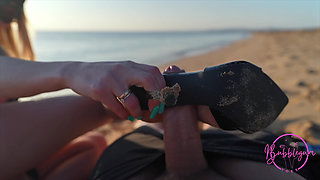 4K Risky Beach Heeljob & Shoejob From Blonde with Long Toenails & Cum on Feet
