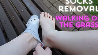 Socks Removal and Walk Barefoot on the Grass