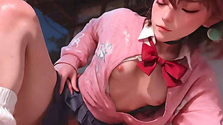 Nighttime Seduction - Red Bow Unfastened, Blue Skirt Lifted, Secret Nipples Exposed Under Soft Light