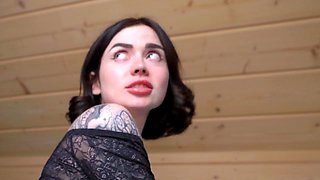 Big tits and ass black haired hot babe takes cock in her pussy