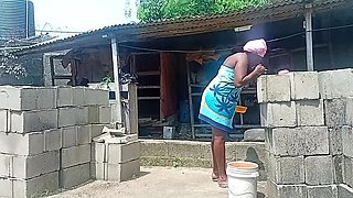 Sexy Black BBW Village Girl Outdoor Shower Twerking Saggy Tits