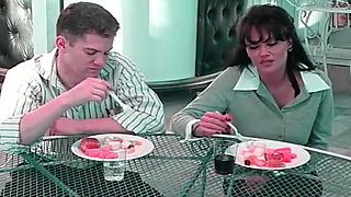 Blonde Seductress at the Patio Table: Hot Oral Fun