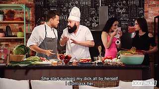 Enjoy Hot Threesome Sex In The Kitchen