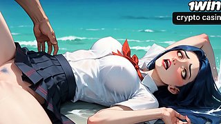 A sexy, hard-core beach honey is having an climax with