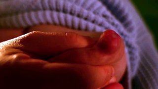 Busty curly brunette with big boobs fucks on couch