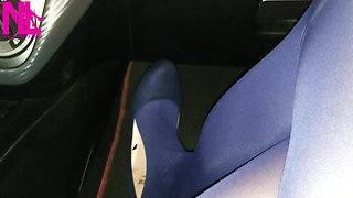 Dangling in Blue Pantyhose and Blue Flats on a Gas Station