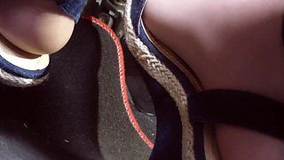 Driving and Revvig in Blue Wedges on My Hosed Feet