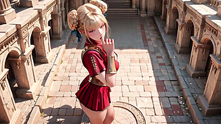 Red Armor Queen! Forbidden Gaze in the Roman Corridor, Skirt Lift Reveal, Hand on Lips Teasing You...