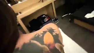 Busty curly brunette with big boobs fucks on couch