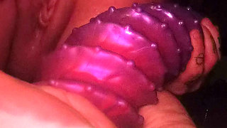 Slack hole whore fucks monster dildo