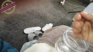 Mistress Fucks Her Slave Husband in the Ass with Her Feet and Rubs Her Juicy Pussy in Excitement