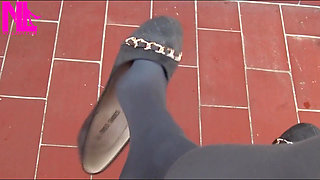 Dangling in Grey Pantyhose and Ballet Flats with Chains