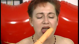 Brunette mature wearing stockings and high heels dildoing pussy in vintage solo