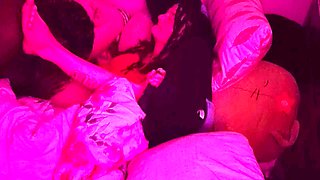 Dark-skinned beauty and milky skin enjoy the moment up close