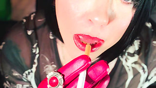 Leather Gloved Goth Tina Snua Smoking A Cork 100 Cigarette - OMI OME Snap Inhales Drifting Smoke