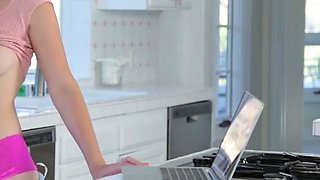 Two light-haired and ebony top stepdaughter gals enjoy a