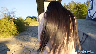 Watch skinny Russian babe Ara Mix get pounded in public by a big cock in POV reverse cowgirl action