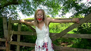 Damsel Tied to Gate Crucifix Bondage & Ballgagged