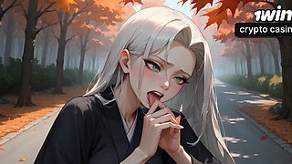 Autumn road's voluptuous ride, white-haired superstar