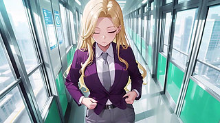 Blonde Boss in Purple Suit! Office Train Private Moments. She's Multitasking with Files While Secretly Adjusting Her Skirt...