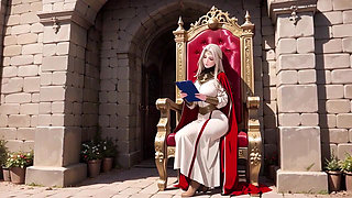 Languid Reading in a Gothic Library, White Robe and Red Cape, Hand Resting Gracefully with Half-closed Eyes.