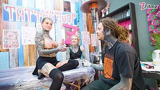 Inked lovers Big Dick four-way merry's tattooed escapade