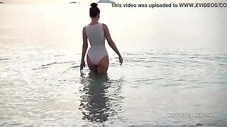 Naughty MILF Lada Flashes Wet See-Through Swimsuit at Beach