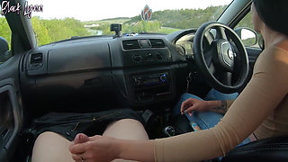 Risky Car Handjob Near the Road