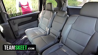 Trampy party chick eliza eves stokes and salivates on stranger's rod in the back seat - perv driver