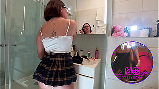 No Panties No Bra Hottest Redhead Real College Girl in the Bathroom Flashes Tight Pussy and Ass