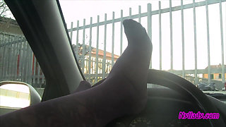 Nyllady's Footjob to Gearshift and Wheel in Patterned Pantyhose