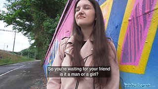 Watch this cute college teen with natural tits study a huge dick in public and get a cumshot in her mouth