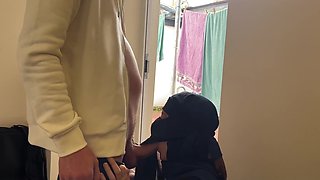 Public quickie head by Arab MILF in hijab with cum in her mouth