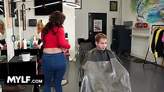 Finest milf barber in town Melody Mynx gives her customer a rod and a blowjob - mylf