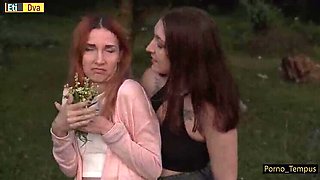 Hot Russian redhead gets wild in outdoor foursome - dirty talk & cowgirl action
