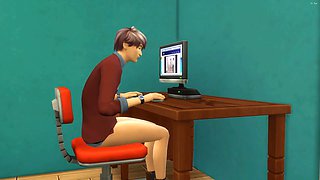 Asian step-mother catches her sonnie again fingering in his room watching a xxx video in front of the computer and she decided to help him by having sex with him