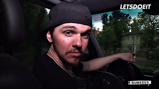 German Stud Pounds Busty Brunette Paula Rowe Deep on Car Backseat