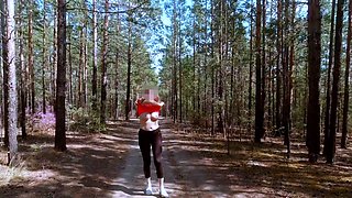 Hot MILF walks and runs in the Forest braless and without