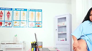 Busty black-haired nurse gives a deep oral job at her desk