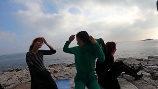 3 Naked Girls Yoga on Rocky Beach