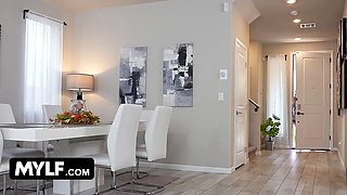 Step-daughter presents her fresh bf to her bi step-mom who wastes no time investigating his Big Cock